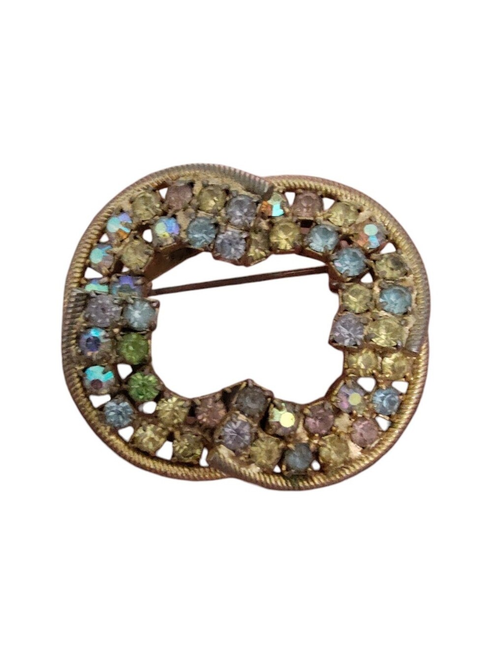 Vintage Pastel Rhinestone Brooch Gold Tone Aurora Borealis Pin Cottagecore